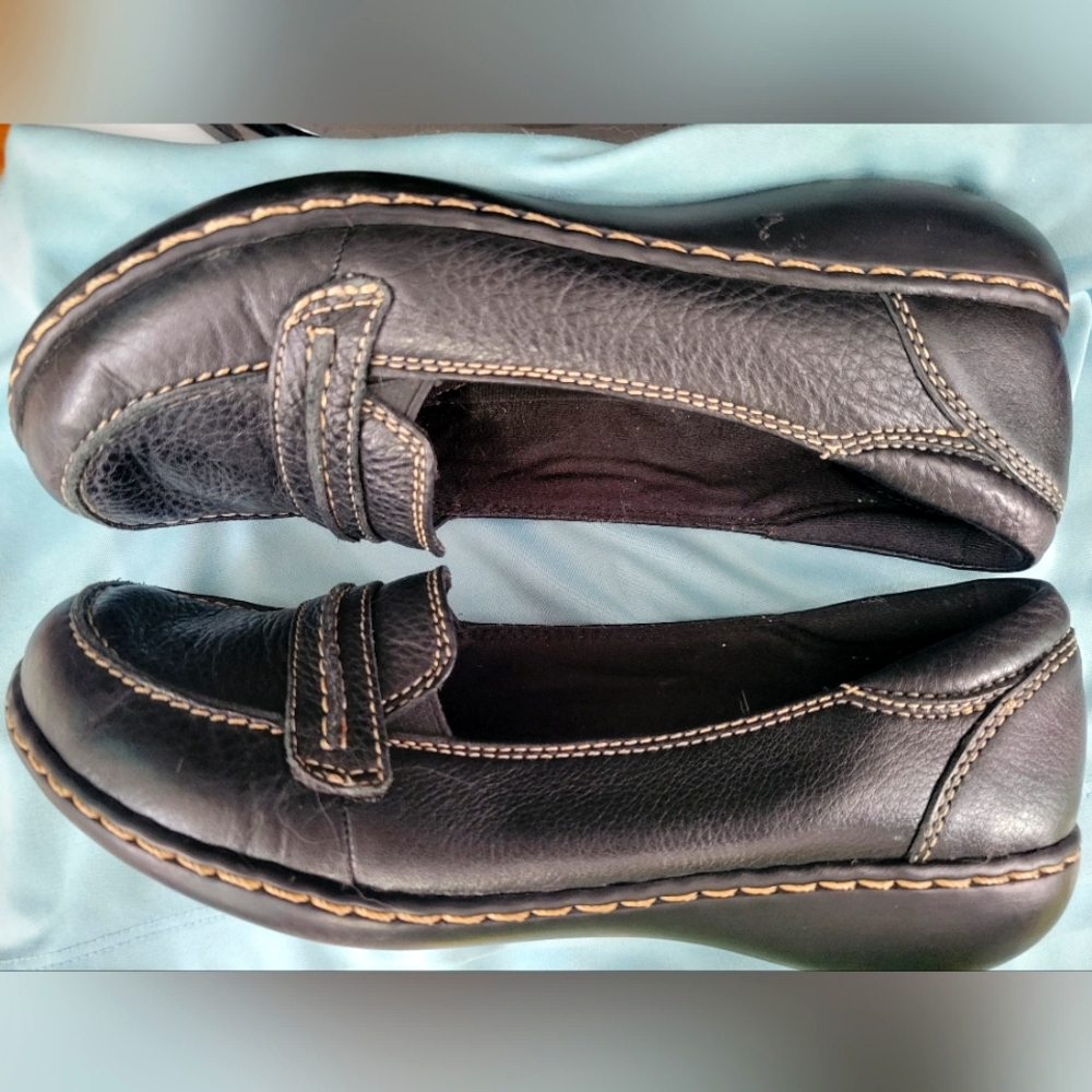 Vintage Clarks black leather top-stitched loafers 6M - Picture 2 of 7